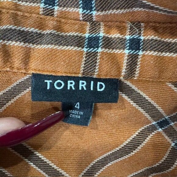 Torrid Taylor - Dusty Orange Plaid Twill Button-Up Shirt Front Pockets Size 4 - Picture 7 of 9